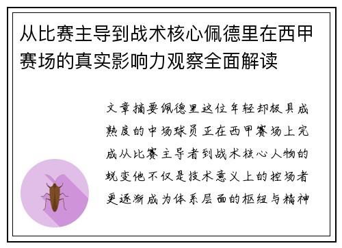 从比赛主导到战术核心佩德里在西甲赛场的真实影响力观察全面解读