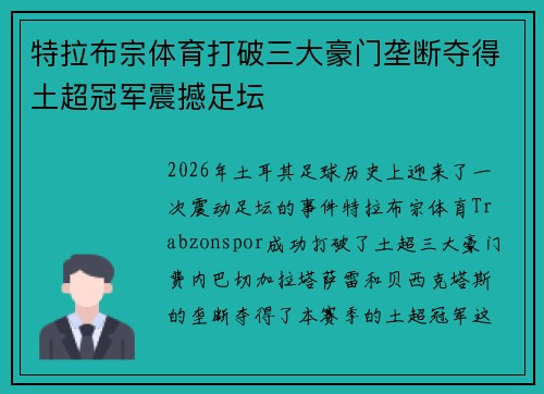特拉布宗体育打破三大豪门垄断夺得土超冠军震撼足坛 特拉布宗体育打破三大豪门垄断夺得土超冠军震撼足坛